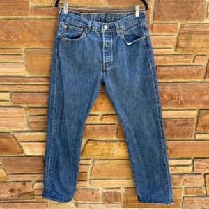 Levis 501 Jeans Mens 33x32 Blue Denim Cotton Straight Button Fly Distressed